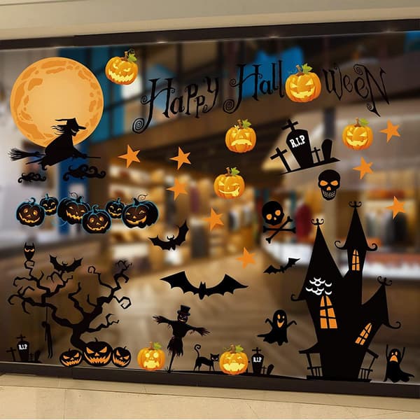 4 ark Halloween Vindusdekorasjoner - gresskar, flaggermus, spøkelse, heks