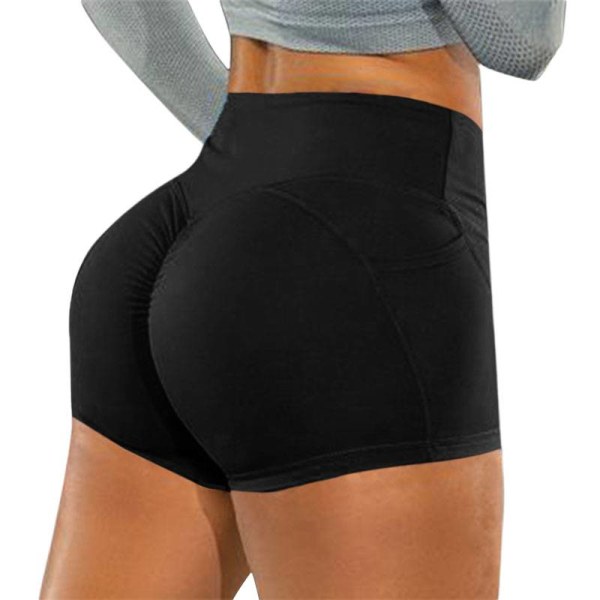 Yogashorts med hög midja för kvinnor Sport Stretch Hot Pants Fickor Black,M