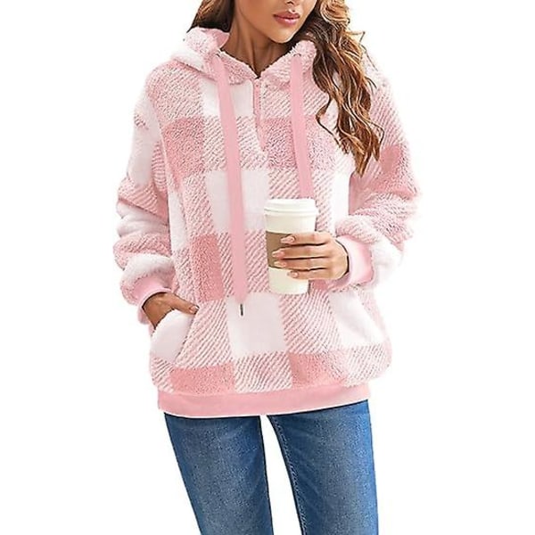 Hoodie i överdimensionerad lammull med fickor, fleecetröja Tie-dye Puffy Coat (rosa och vit rutor) XXL