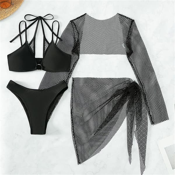 4 stk/sett Badedrakt for kvinner Linnen BH String Plissert skjørt Uthult Badedrakter Halter String Badeklær Black M