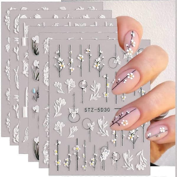 Preging Sommerfugl Neglekunstdekaler 5D Selvklebende Design Neglekunstutstyr Utsøkt Luksus Blomster Blad Blonder Mønster (6 ark)