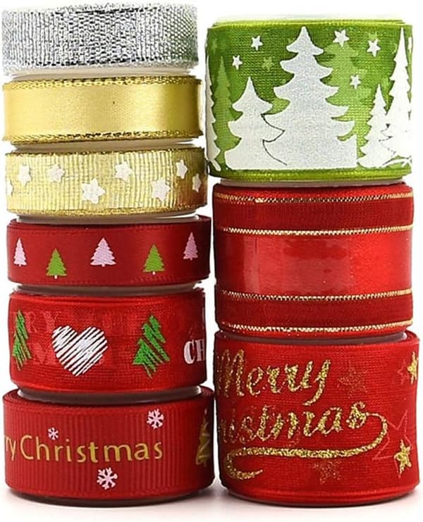 Julebånd 9 gavebånd Rød/Sølv/Guld/Grøn Grosgrain
