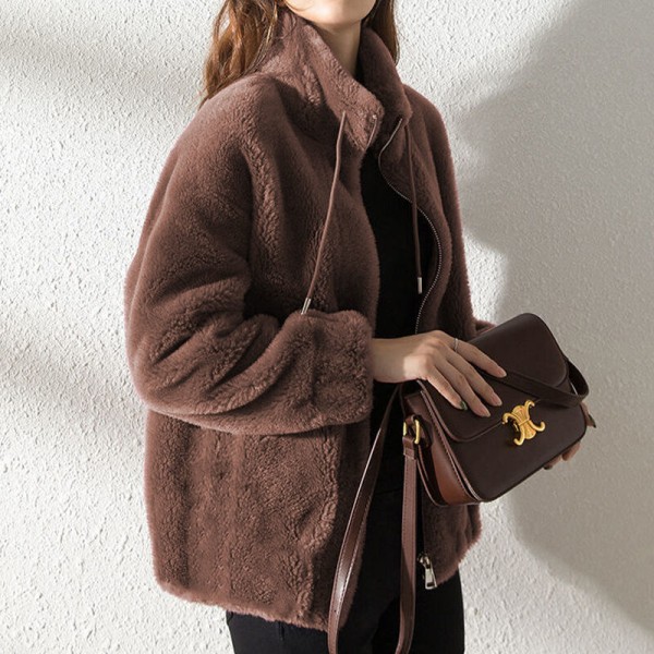 Dam fleece fluffig Teddy Bear Coat Plain Pocket Jacka Ytterkläder Brun L