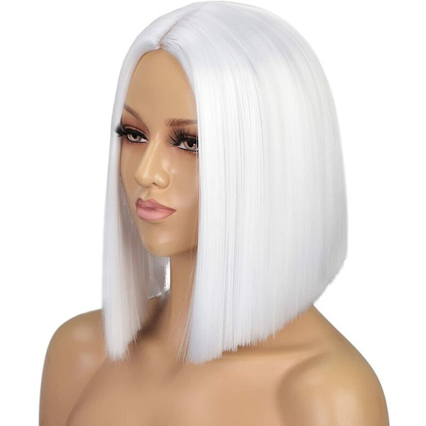 Hvit parykk Kort bob parykker for kvinner 12 tommer Varmebestandig midtskill Rett syntetisk parykk Festkostyme Halloween Cosplay parykk,