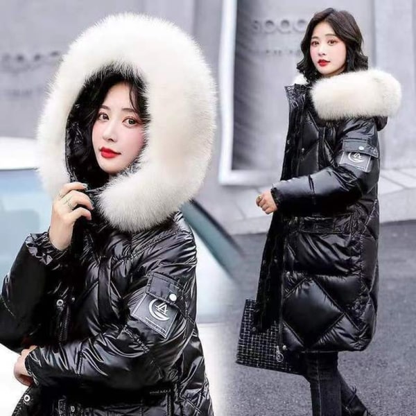 2023 Höstvinter Huva Pälskrage ång Parkas Mujer Tjock Black White collar L