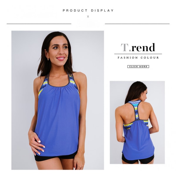 Damebluse stribet printet Strappy T-Back Push up Tankini-top med shorts，S