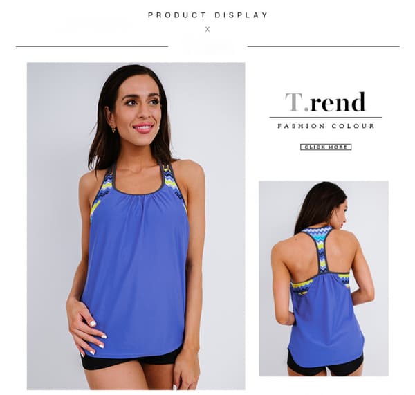 Damebluse stripete trykt Strappy T-Back Push up Tankini-topp med shorts，S