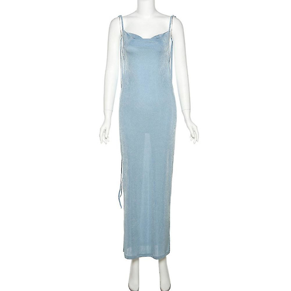 Ryggløs Maxi Kjole Spaghettistropp Kjole For Kvinner Lang Club Party Strandkjole Sommerantrekk Blue S