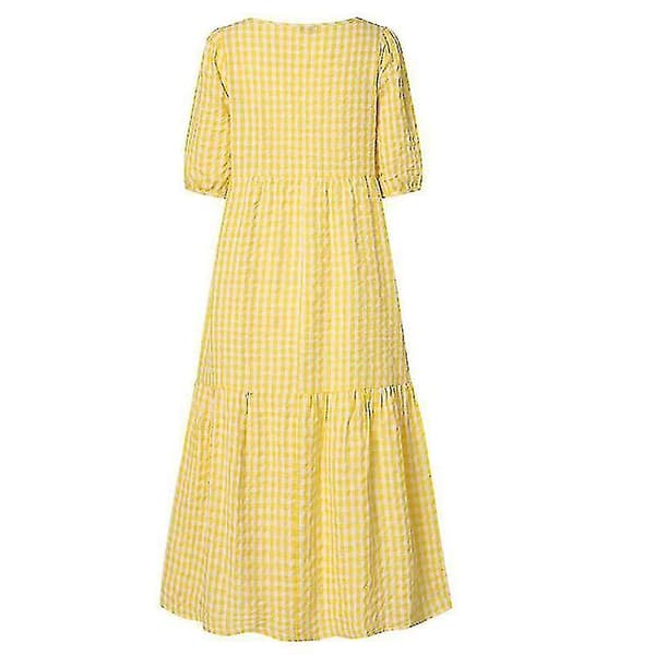 Dam sommarpläd Puffy kortärmad midiklänning Yellow M