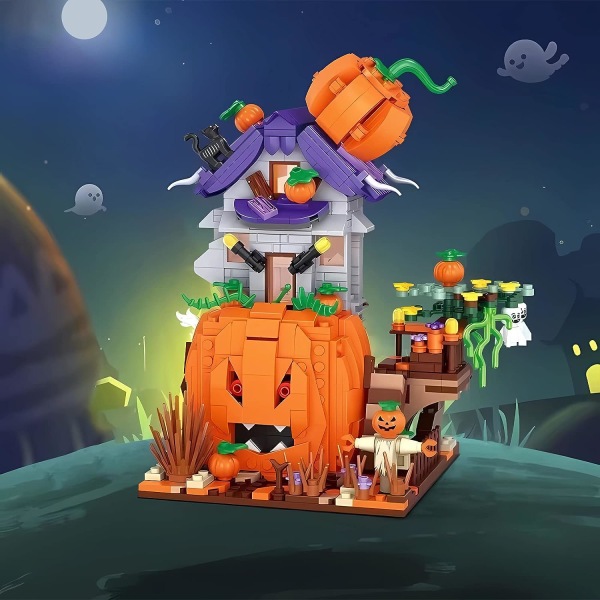 Pumpkin House Building Blocks Set, DIY Construction Model Kit med två figurer, lämplig för pojkar och flickor som Halloween (762 st)