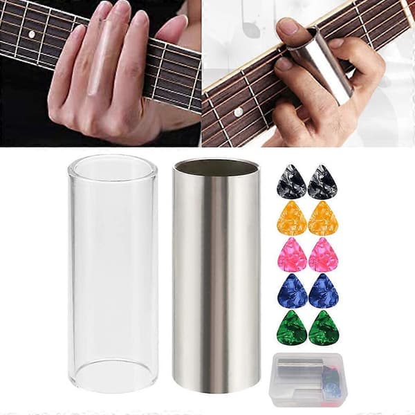 1 glass-slide, 1 rustfri stål-slide, 10 plektre med 1 oppbevaringsboks i plast