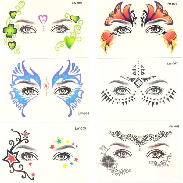 6 st Festival Face Eyes Body Temporary Tattoo Stickers Dekorationer för Halloween Festival Party