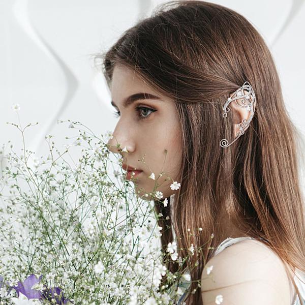 Elf Ear Cuffs Håndlavede Clip-on øreringe Håndlavet Udhulet Blad Perle