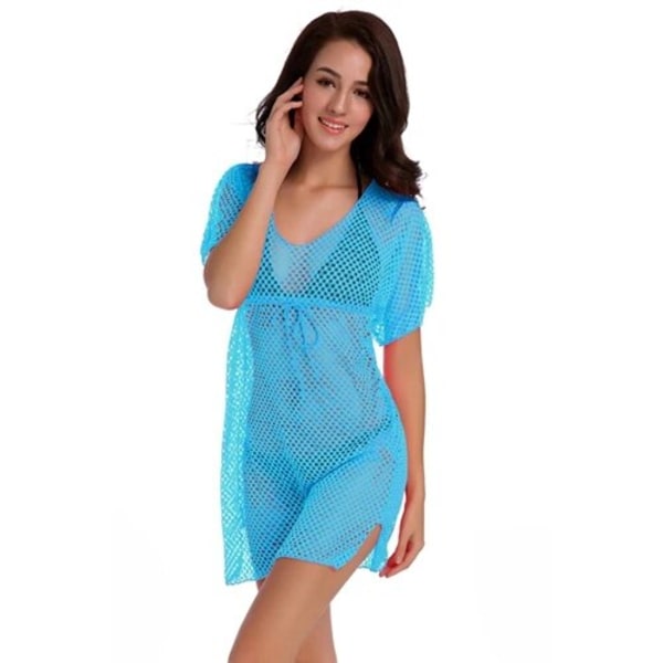 Transparent Tunika Stretch Mesh Sarong Kvinde Strand Pareo 2023 Patch Bikini Cover Ups Kvinder Kjole Drop Shipping Sky Blue M