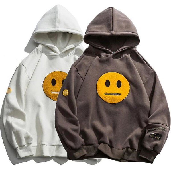 Smiley Patch uvtröja Herr Hip Hop Athleisure Pullover Jacka Herrtopp med dragkedjefickor på sidan L Khaki