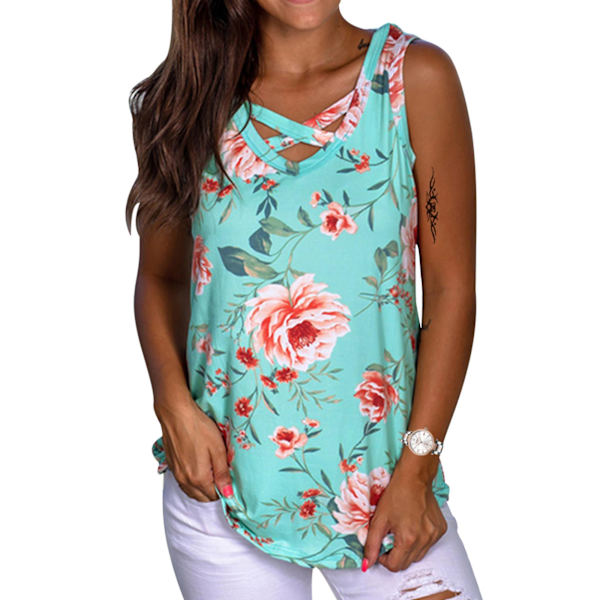 Dame sommerblomstrete ermeløs bluse Topper Dame Casual Løse ferieskjorter Light Green M