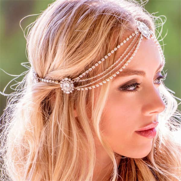 Fashion Crystal Hovedkæde Elegant Multi-Layer Brud Bryllupshårtilbehør Silver