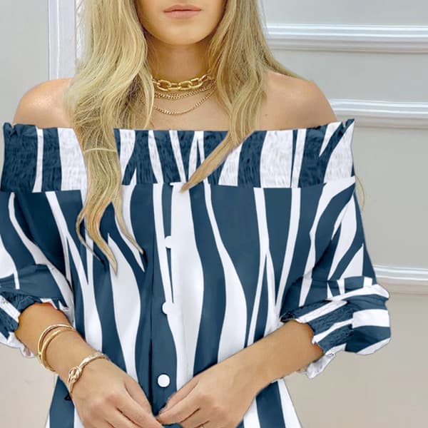 Dameskjorte med stribet print Dame langærmet bluse off Shoulder Pattern 2 L