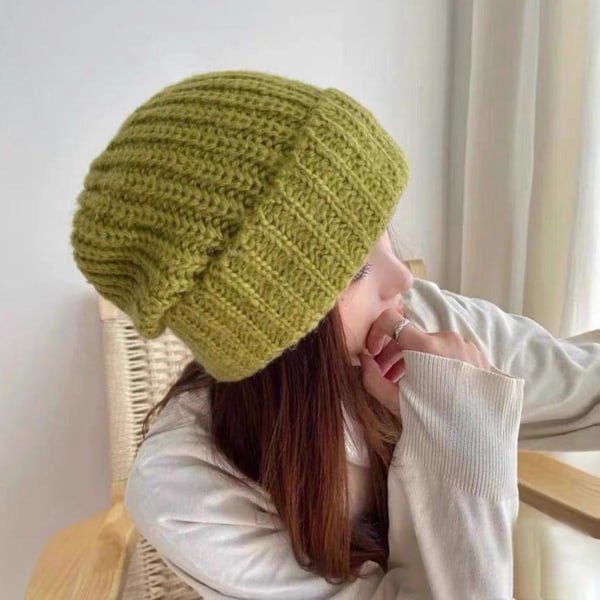 Stickad mössa Baggy Slouchy Ribbad flänsad Stretchig Håll dig varm Enfärgad Höst Vinter Kvinnor Män Cap för utomhusbruk Yellow