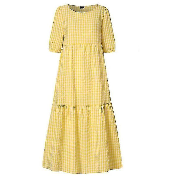 Dam sommarpläd Puffy kortärmad midiklänning Yellow M