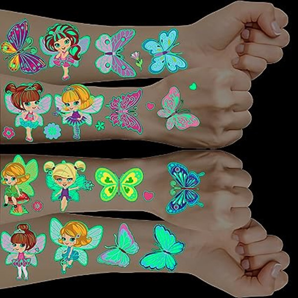Fairy Temporary tatueringar för flickor, 10 ark självlysande barntatueringar Butterfly Fairy, tatuering för flickor, födelsedagspresent Barninbjudning