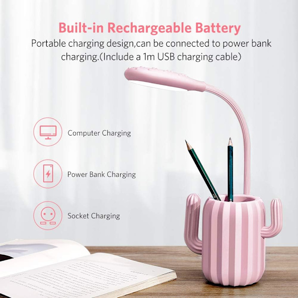 Skrivebordslampe for barn, sengelampe med USB dimbar, leselampe 3 lysstyrkenivåer med berøringsknapp og pennholder (rosa) NO:3