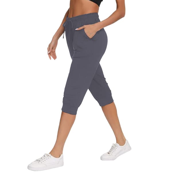 Dam Capri Byxor Elastisk midja Enfärgad Yoga bomull Byxor Grey M