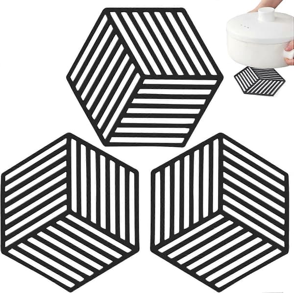3 deler silikon gryteunderlag, sklisikkert sekskantet, (svart) 13,8*12 CM