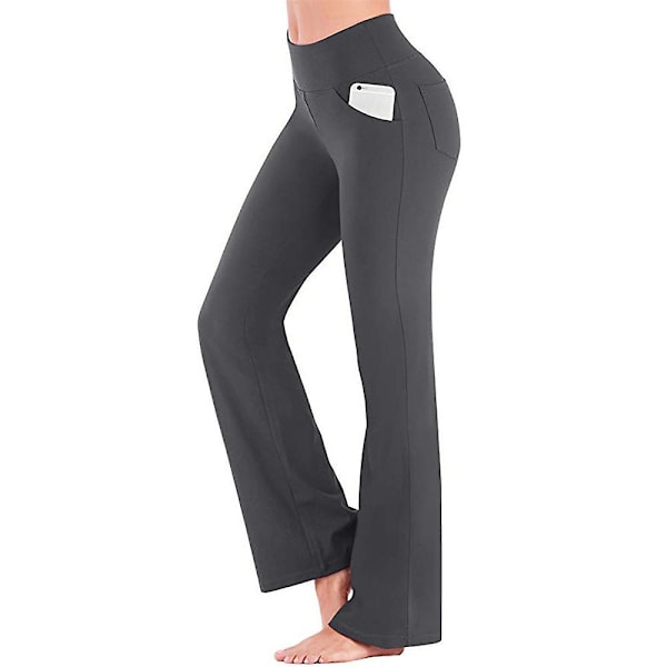 Dam Vanliga elastiska Yogabyxor med hög midja Andas Bekväm Full ängd Vida Ben Byxor Sommar Casual Flare Byxor Grey L