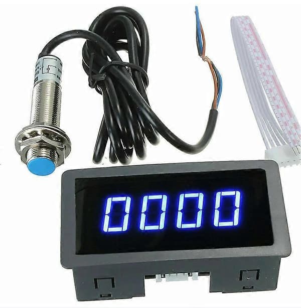 Digital omdrejningstæller - 4 LED digital speedometer omdrejningstæller + NPN Hall-effekt nærhedsafbryder sensor (farve: blå)