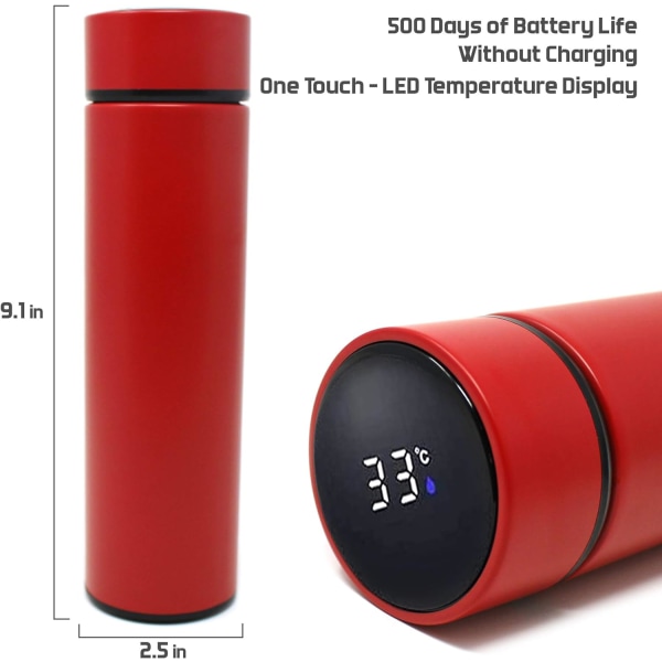 Isolerad vattenflaska Kaffe Te Resemugg Termos Vattenflaska med temperaturdisplay 500mL/16,9 Fl.oz - Håller sig varm eller kall i 12 timmar (blå)