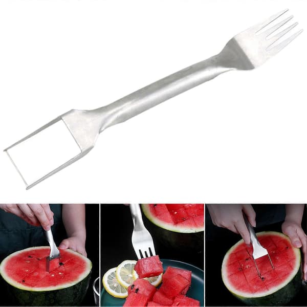 Vannmelon Gaffel Skjærer Kreativ Dobbelthode Rustfritt Stål Sommer Vannmelon Fruktskjæringsgaffel Hjemmeforsyning