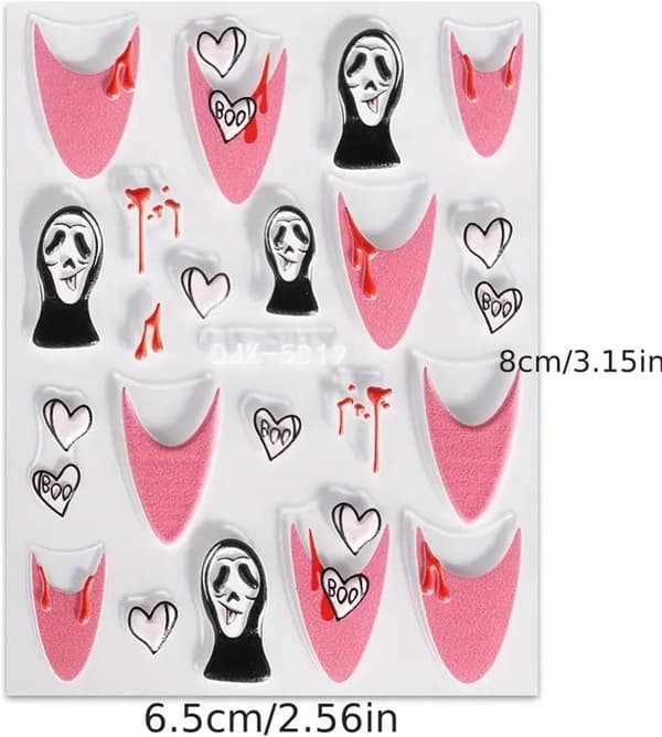5D Halloween Neglekunst Klistremerker Dekaler, 3 ark pregede Ghost Heart