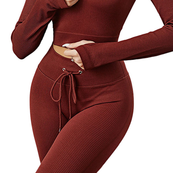 Naisten Ribbineulotut Leggingsit Saumattomat Kiristysnyörilliset Jooga Urheilutrikoot Wine red