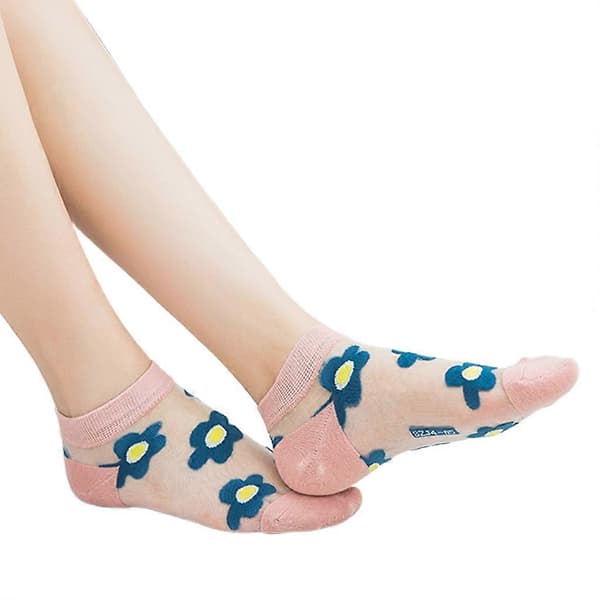 5 par dam sommar glasfiber korta båtstrumpor japansk stil söt blomma jacquard transparent osynlig strumpa