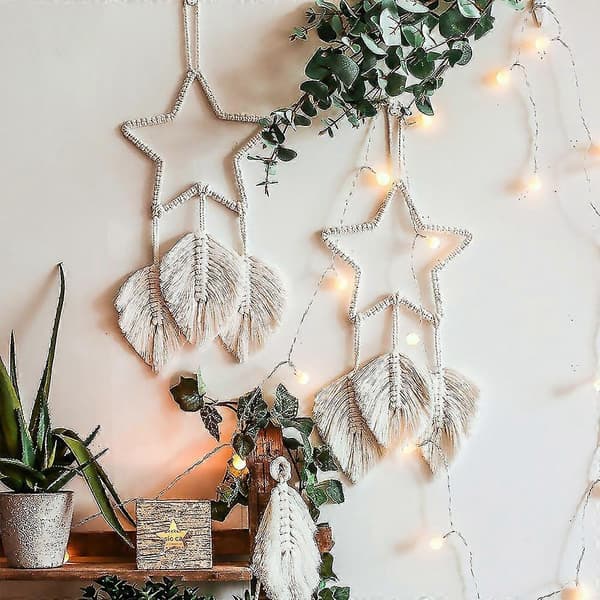 2 st Makramé Väggbonad Fjäder Boho Chic Handgjord Vävd Löv Tofsar Dekoration Bohemisk Lägenhet