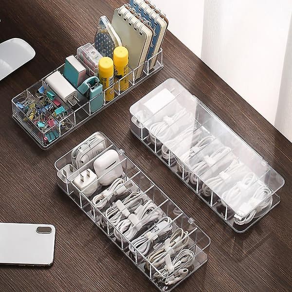 Cable Storage Box Transparent Plastic Data Line Storage Container For Desk Stationery Multifunctional Headset Data Charging Line G white