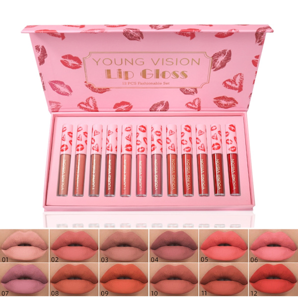12 stk Damemote sett matt non-stick kopp Langvarig vanntett fløyel fuktighetsgivende lipgloss