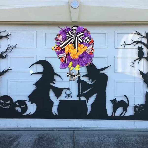 Halloween skräckskalleskelettdörrkrans med randig pilbåge