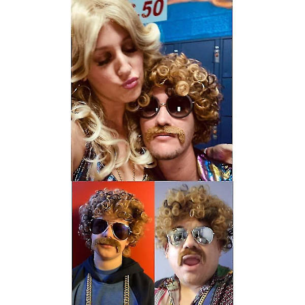 3-delad kedja, mustasch och kort lockig peruk för 70-talsdiscofest, brun med blond(3 delar set)