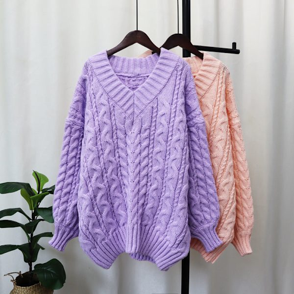 Damstickad Höst Vinter Tröja Förtjockad V-ringad Twist Pullover Lös Mjuk Topp Pink Average size