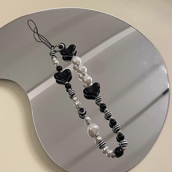 Perleperle Telefonkæde Kvinder Mobiltelefon Snor Sort Hjerteperler Farverig Perle Telefon Charm Universal Telefon Snor Håndledsrem