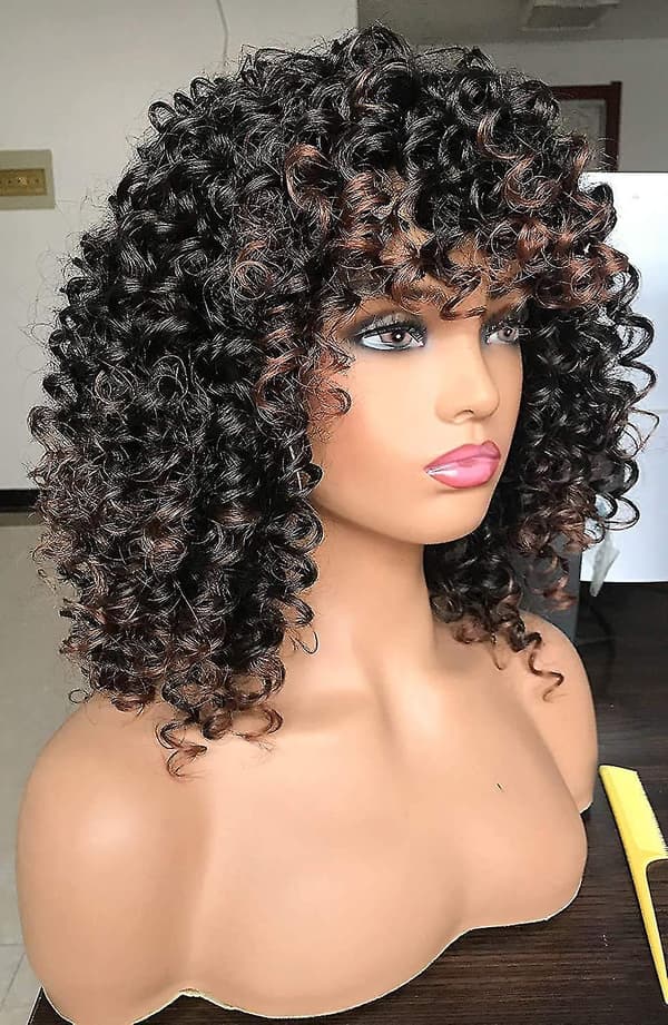 Afro krøllede parykker, sorte med varme brune highlights Parykker med pandehår med 2 justerbare stropper