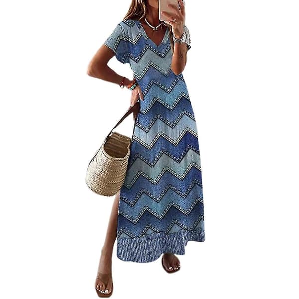 Kvinner Trykte Kortermede V-hals Maxikjoler Side Splitt Sommer Ferie Party Casual Lange Kjoler Wave Pattern XL