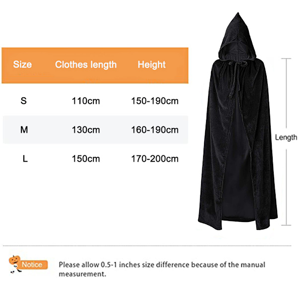 Hooded mantel Unisex vuxen mantel med huva Halloween jul Black L
