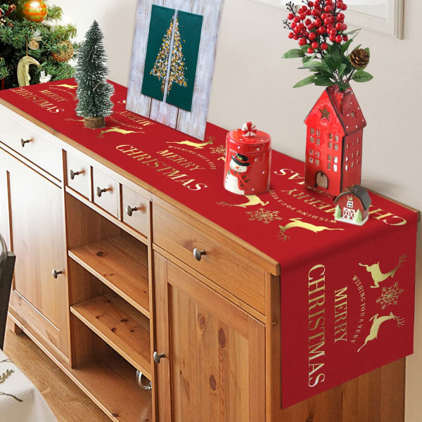 Julbordslöpare, rött linne Julbordslöpare duk med guld älg snöflinga, 12 x 108 tum lång