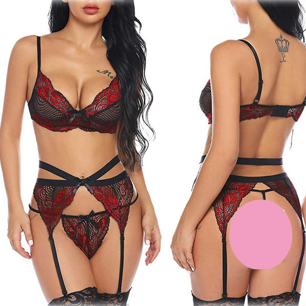 Damunderkläder Sexiga Spets Push Up Bikini Strumpebandsstrumpor Set Underkläder Nattkläder Wine Red L