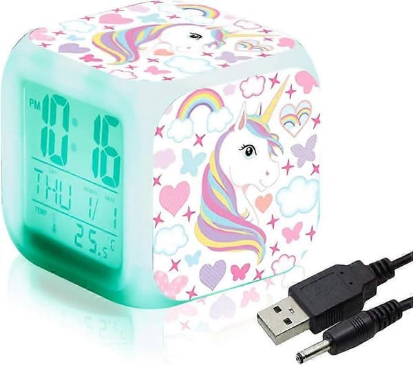 Enhörningsdigitala väckarklockor för flickor, glödande natt LED LCD-kub