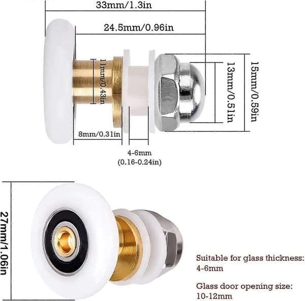 4 stk. bruseruller, skydedørsrulle til bruser, skydedørshjul, rulle til dør, MED skruer til skydedør til bruser, skydedør (27 mm)