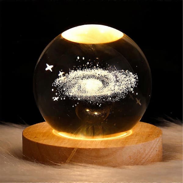 3D Galaxy Solarsystem Krystallkule Nattlys Saturn Måne Planet Lasergravering Nattbordslampe med Base Gave